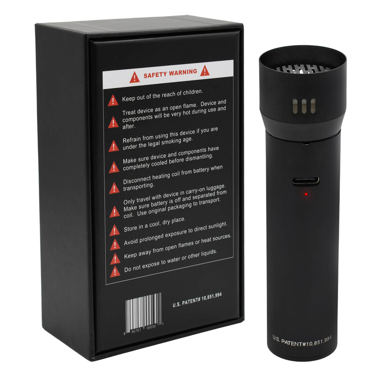 Fuego lighters safety warnings at the bottom of packaging box. Shown with assembled electric lighter.