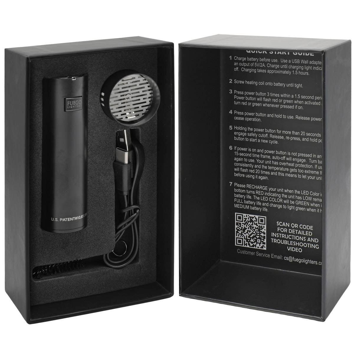 Fuego lighter kit packaging: 2500mAh 510 battery, electric heating coil, cleaning brush and USB-C cable in the box with instruction manual printed inside of box cover.