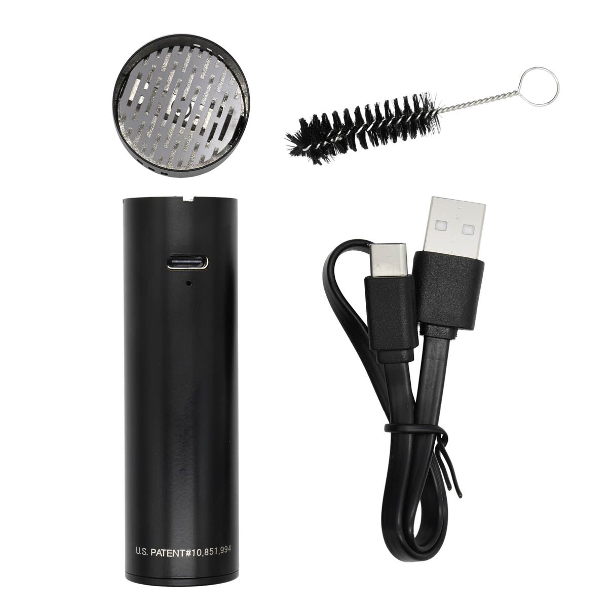 All Fuego lighter kit elements: 510 battery (shown with USB-C charging port), electric heating coil, cleaning brush and USB-C cable
