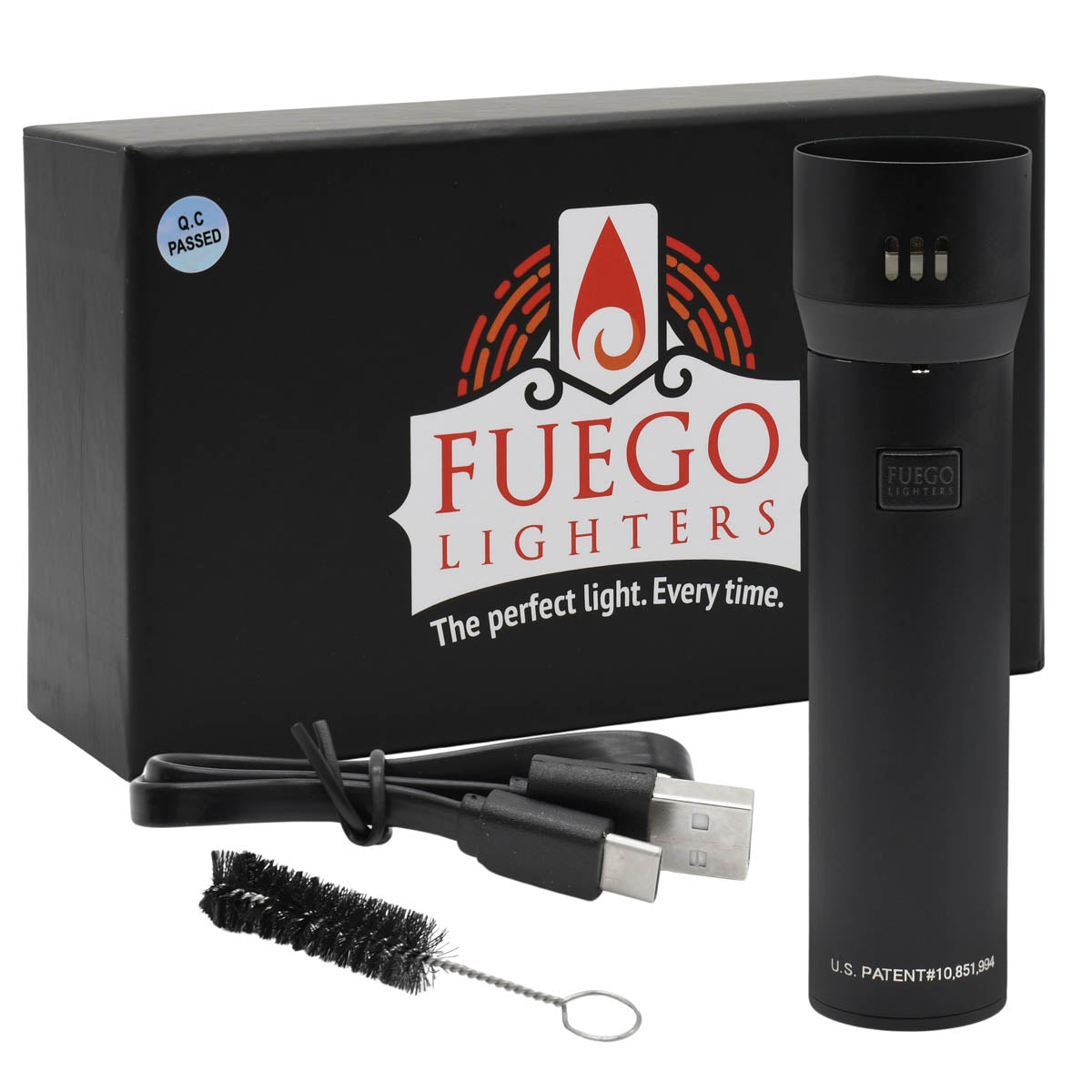 Assembled Fuego Electric Lighter with USB cable and brush - parts of the kit.