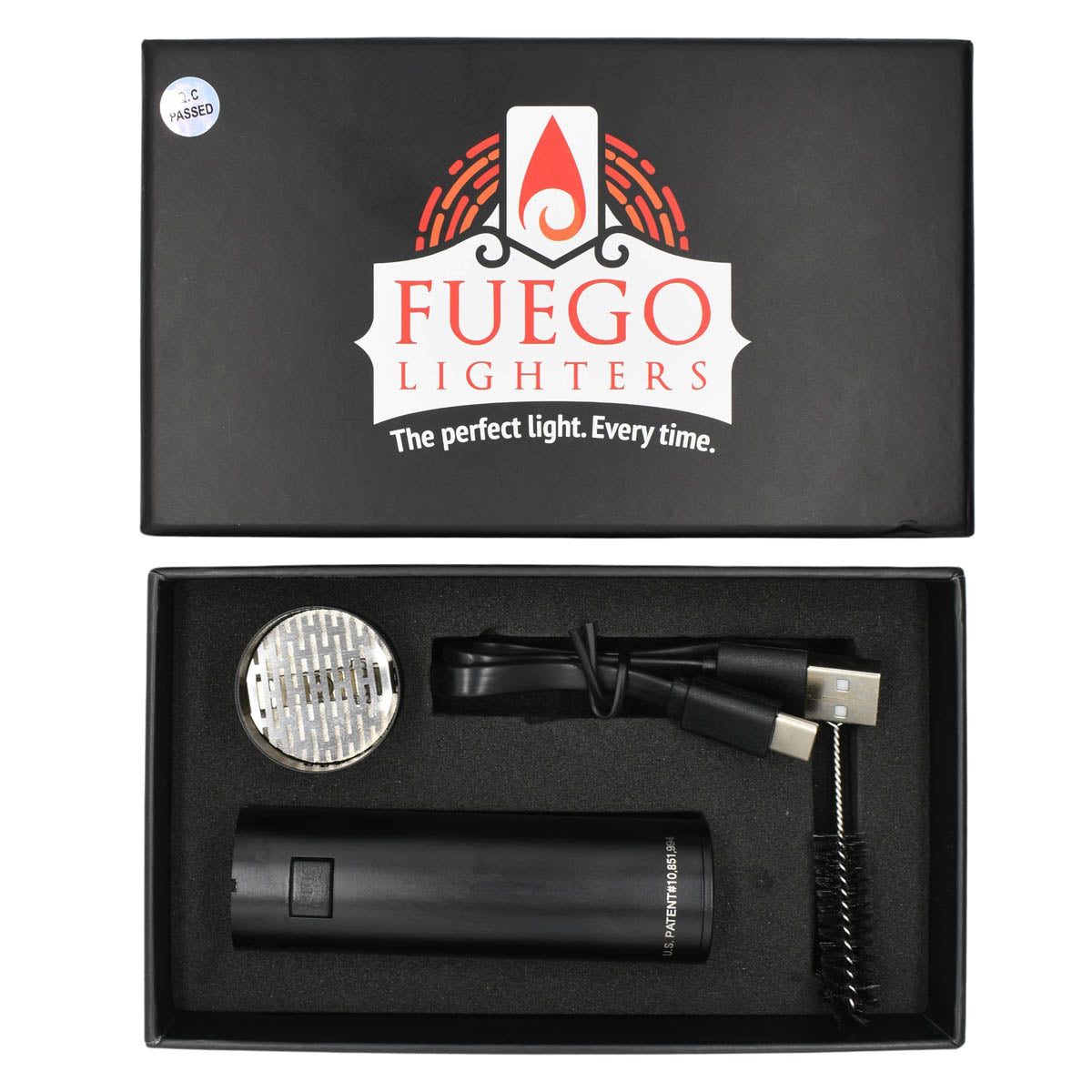 Top view of Fuego lighter kit packaging - all parts of lighter and box cover 