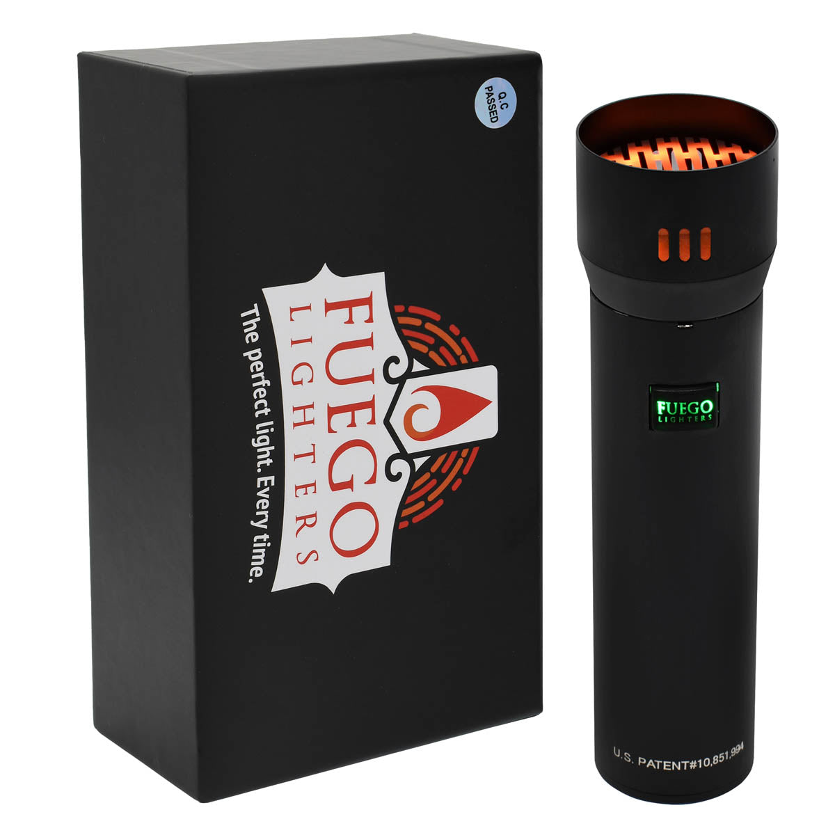 Turned On Fuego Electric Lighter Standing with packaging box
