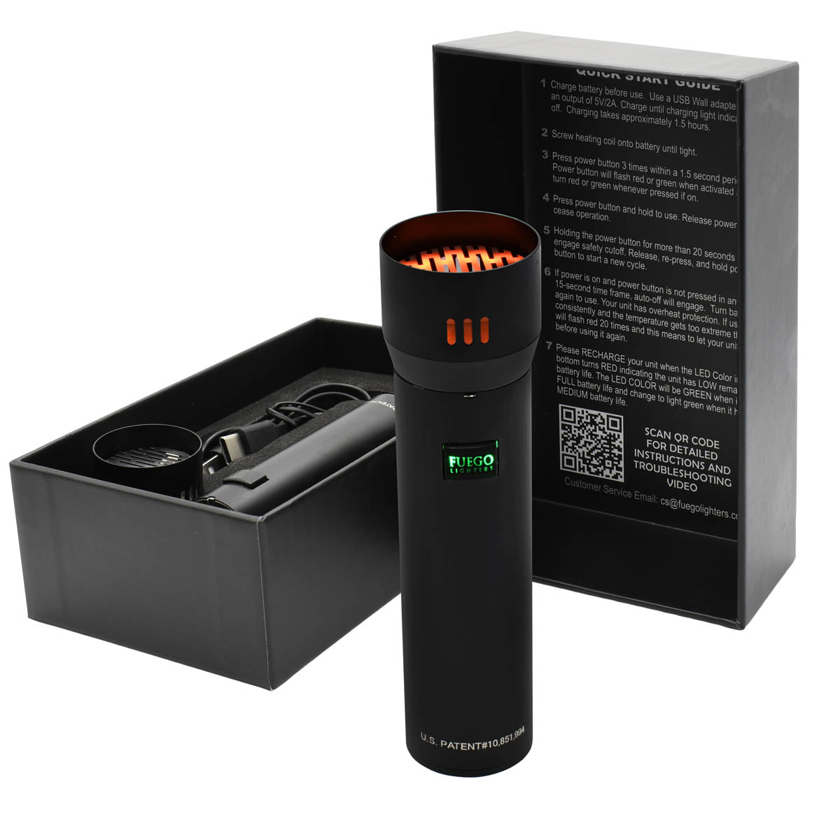 Turned On Fuego Electric Lighter with open packaging box and all elements